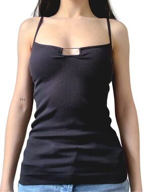 ARDENE Slim Ribbed Keyhole Spaghetti Strap Tank Top Black Size S GUC
